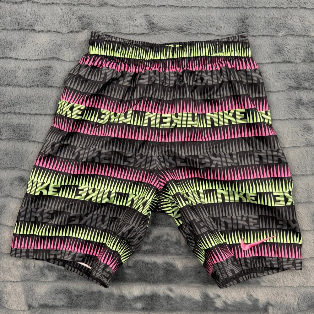 Nike Boys Swim Trunks Black Pink Lime Geometric Logo NESSE803 Size Small S